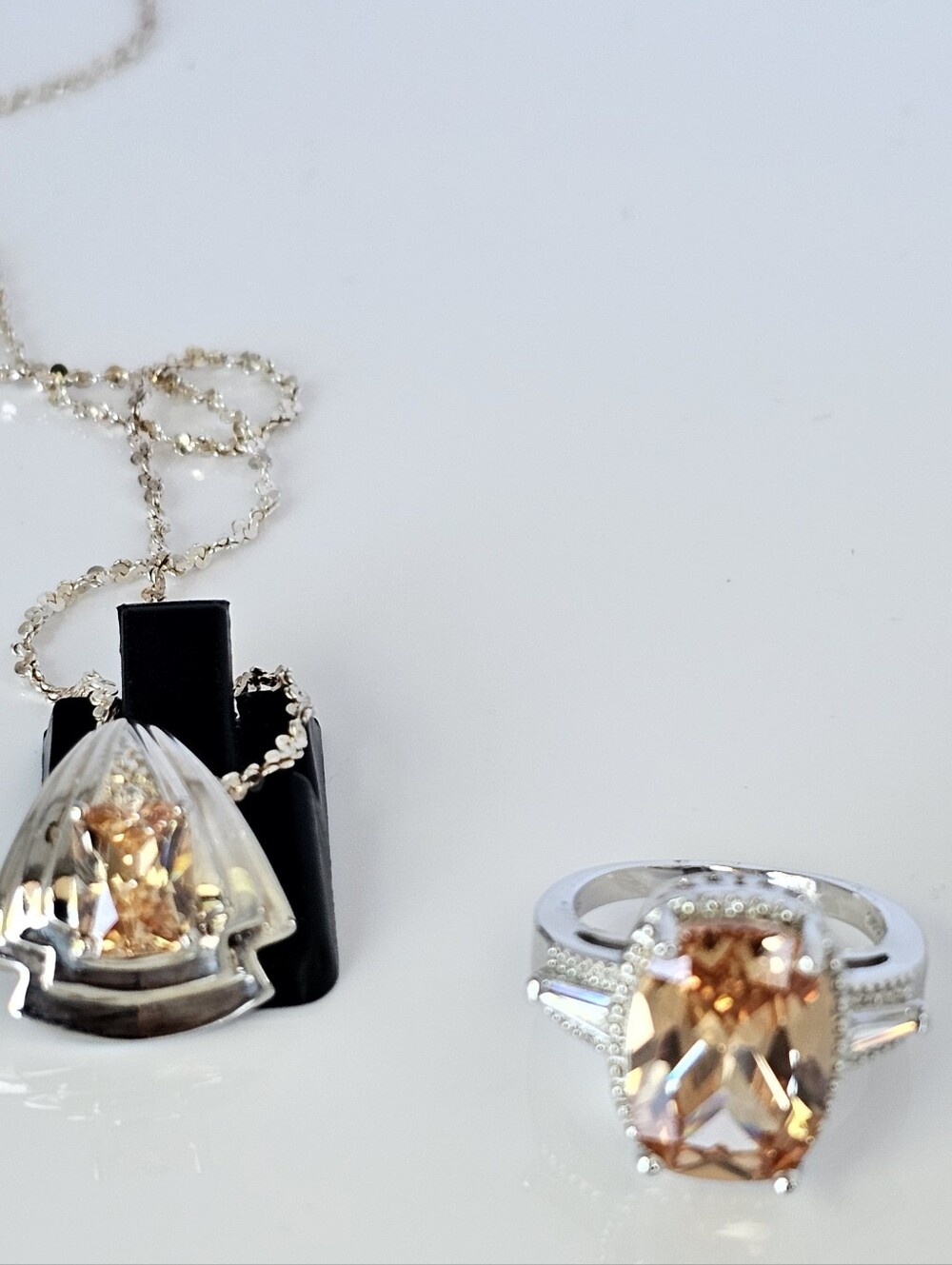 Beautiful Sterling Silver Peach Gemstone Ring Size 6 & Necklace 24"